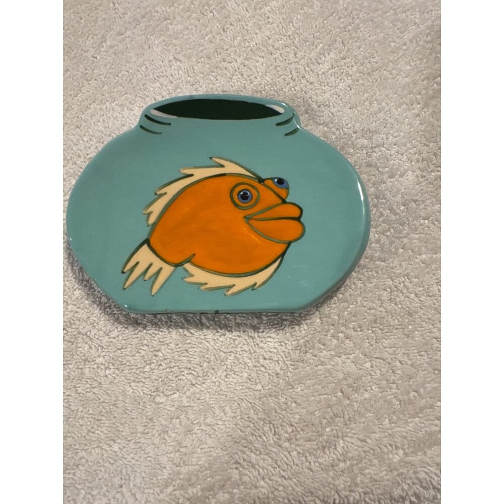 Vintage Ceramic Aqua & Yellow Fish Trinket Dish-Soap Dish-Kitsch-Tropical-Beachy